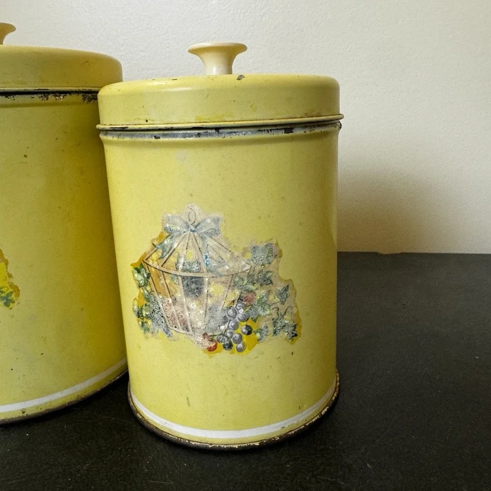 Vintage Yellow Metal Kitchen Canister Set Cottagecore Shaby Country 4 Piece Shan